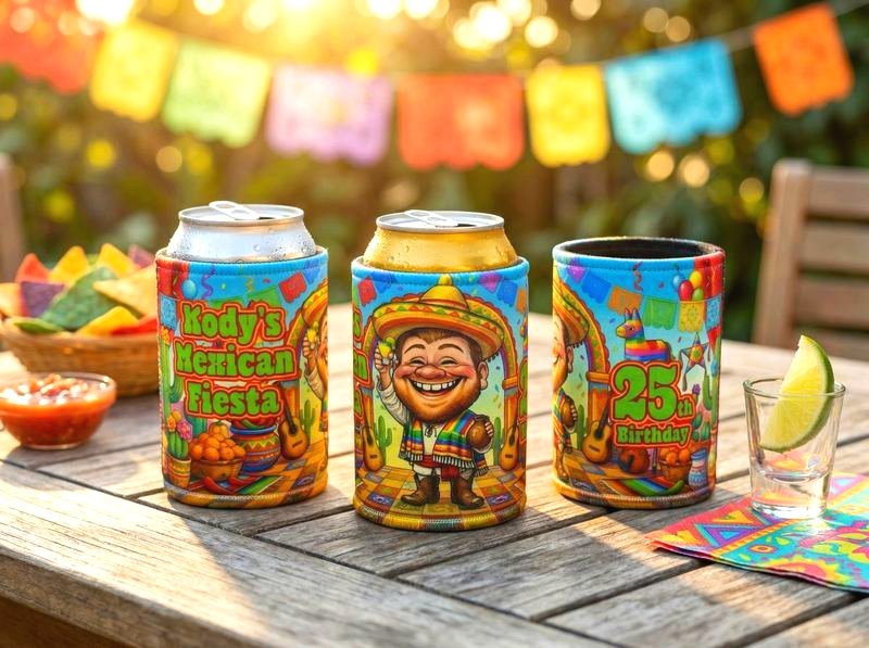 Personalised birthday party stubby coolers printed full-wrap in colour