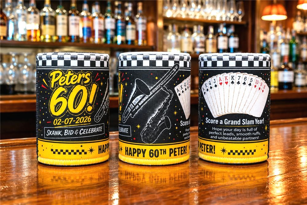 60th birthday games themed stubby coolers