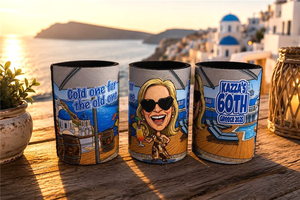 60th birthday stubby coolers with a Greece theme
