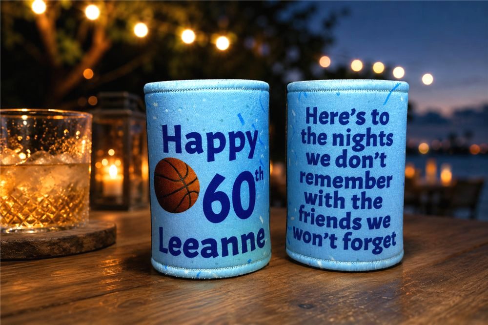 60th birthday basketball stubby coolers in neon blue
