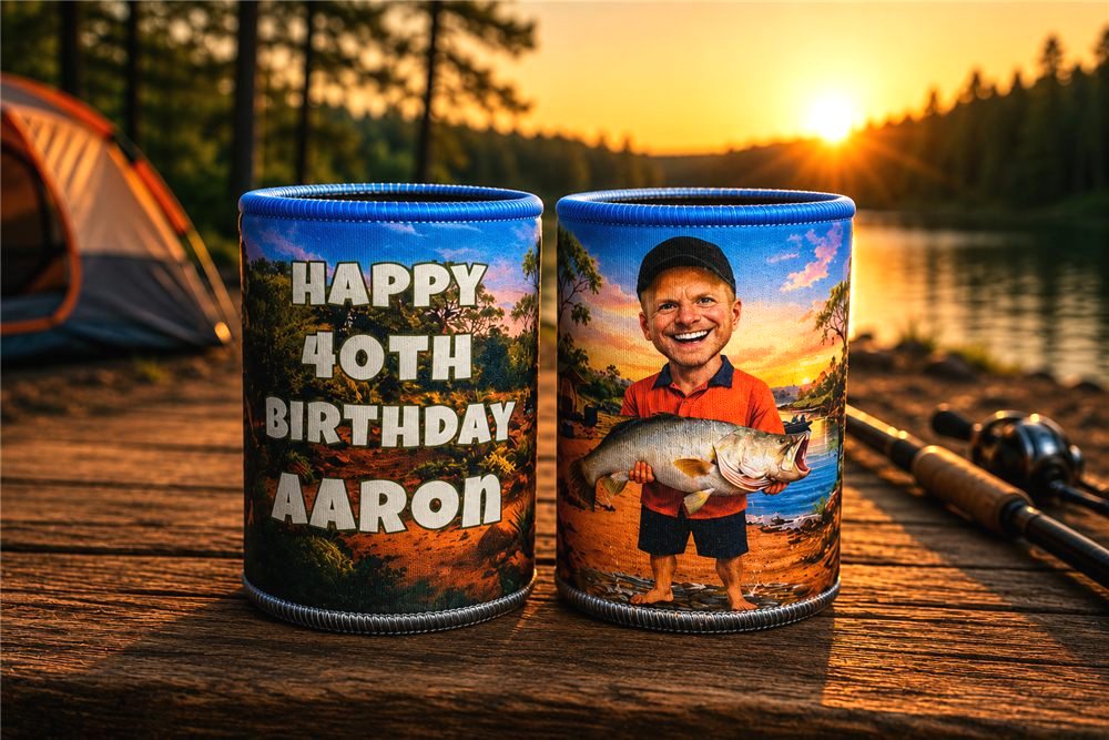 Camping themed birthday stubby coolers