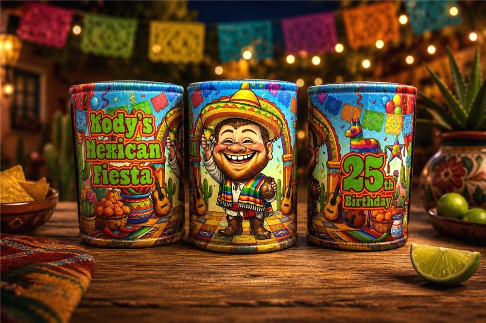 Mexican fiesta birthday party stubby coolers