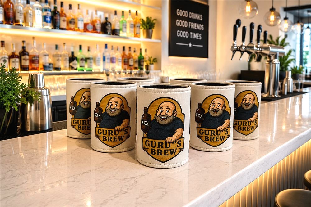 Branded stubby coolers for a brewery