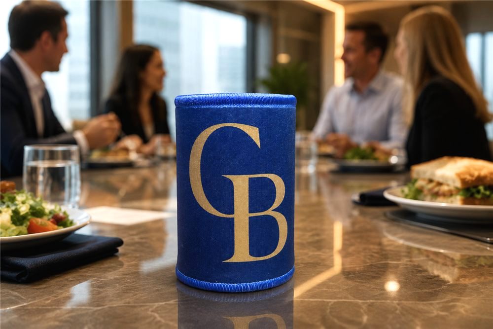 Branded stubby coolers in navy with a company logo