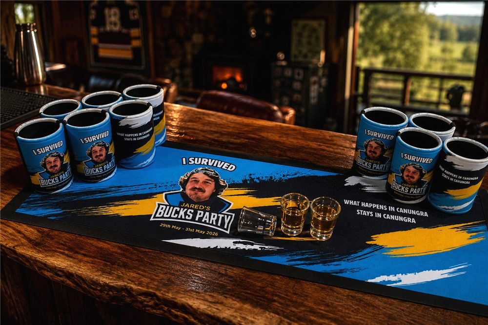 Footy themed bucks party stubby coolers