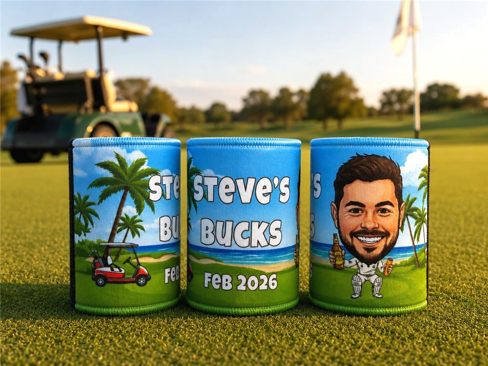 Custom bucks party stubby coolers for a golf weekend at the beach