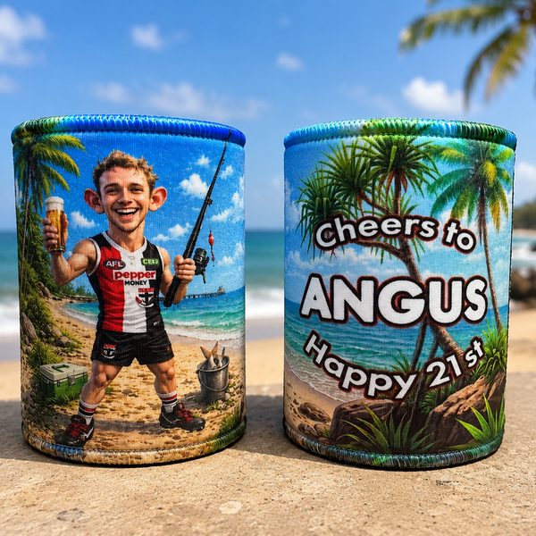 21st birthday caricature stubby cooler with a Cairns beach theme