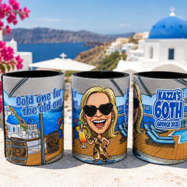 Greek themed 60th birthday caricature stubby coolers