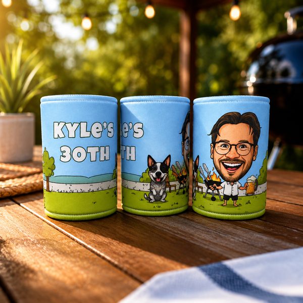 Backyard BBQ caricature stubby coolers