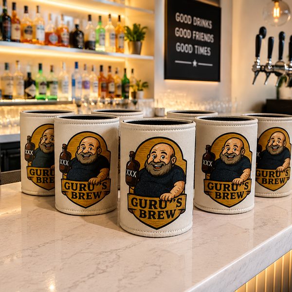 Brewery crew caricature stubby coolers