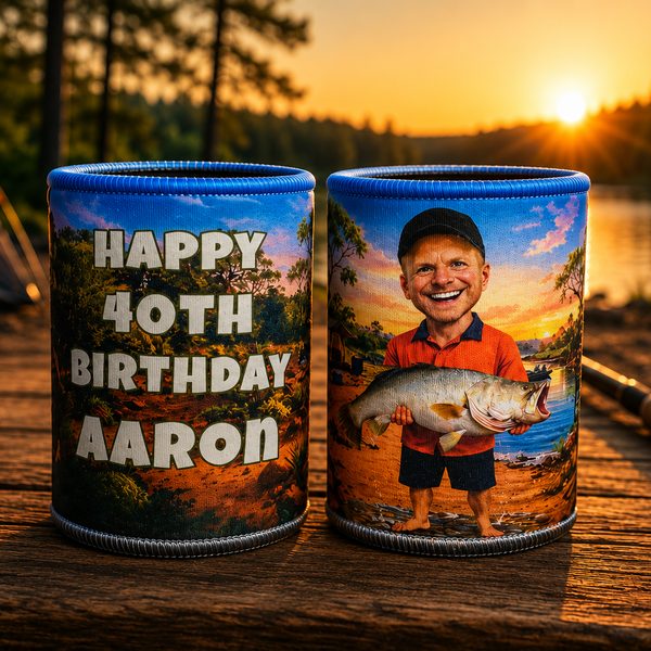 Camping themed caricature stubby coolers