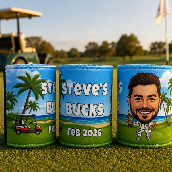 Golf weekend bucks caricature stubby coolers on the beach