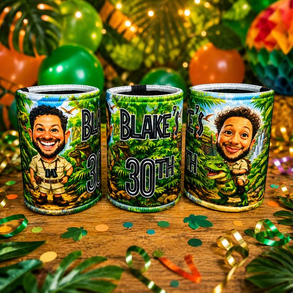 Dinosaur movie themed caricature stubby coolers