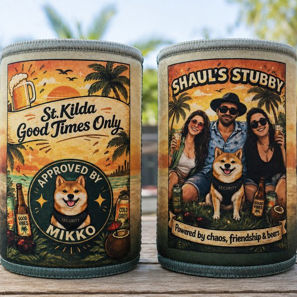 Caricature stubby cooler with a lion character design