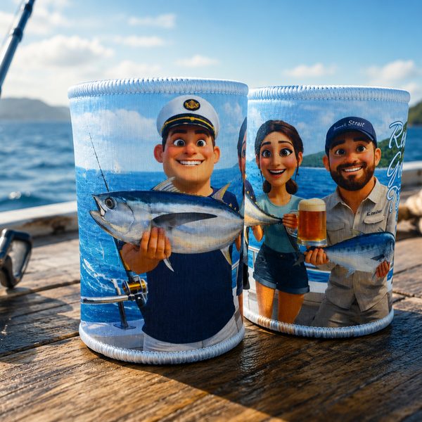 Pixar style fishing caricature stubby coolers