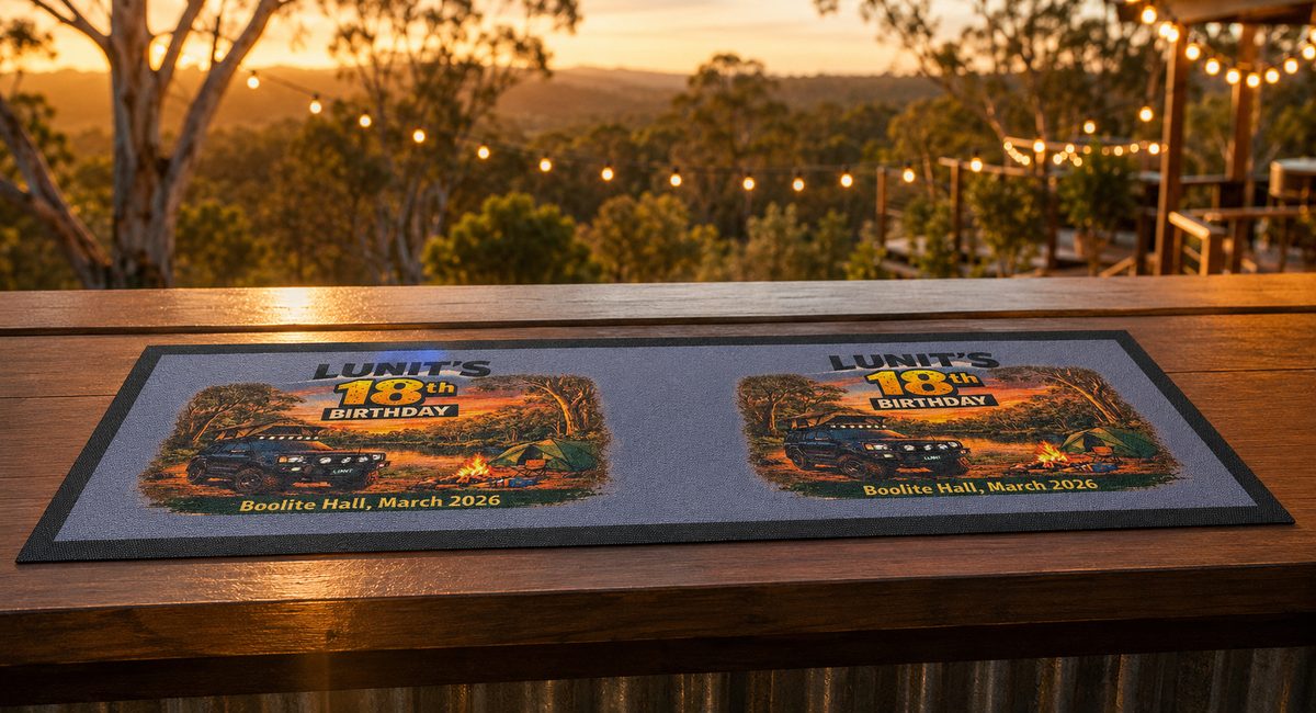 Custom 18th birthday stubby coolers with a matching 4WD sunset bar runner