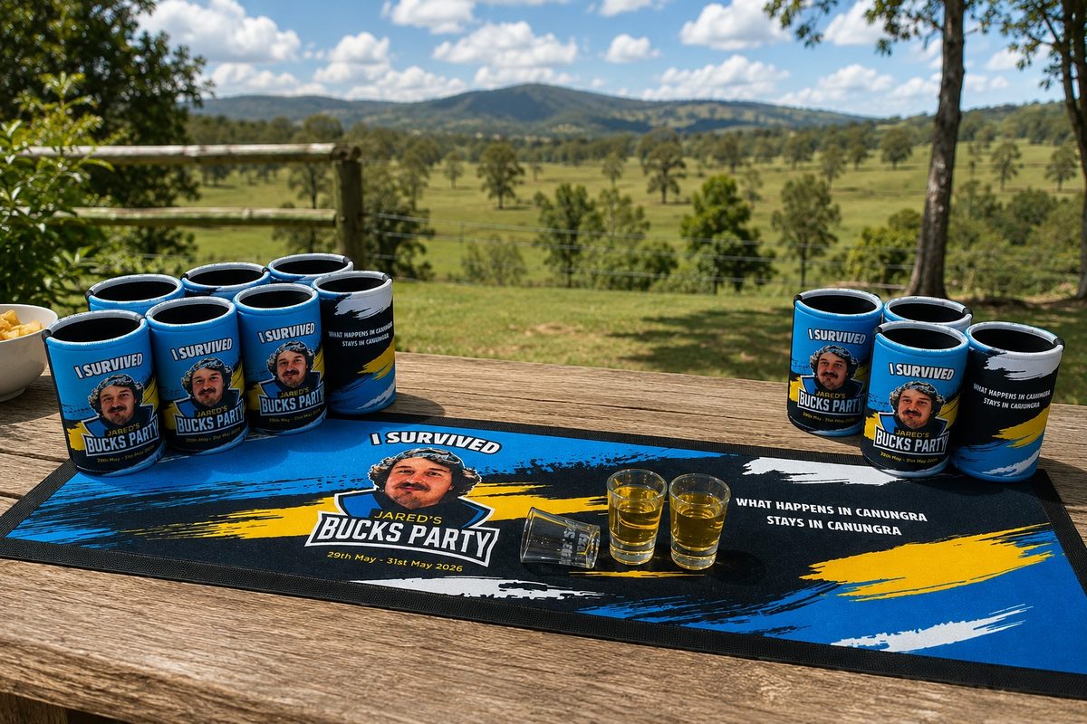 Custom bucks party bar runner with a personalised photo design and matching stubby coolers