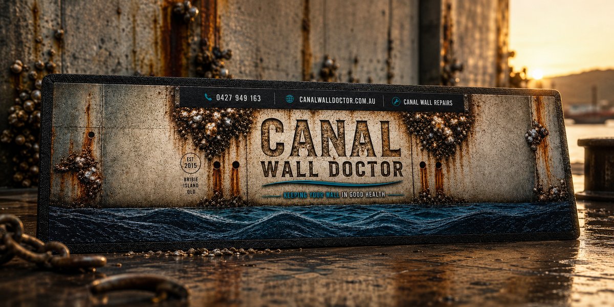Custom Canal Wall Doctor branded bar mat with barnacle and seawall design, photographed on a dock at sunset