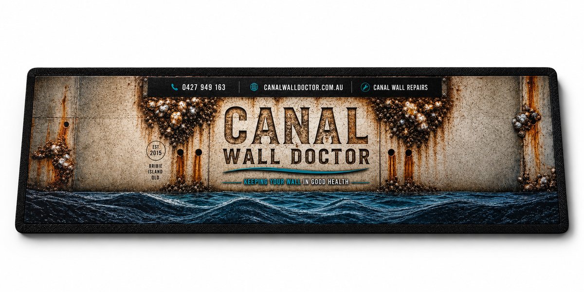 Custom Canal Wall Doctor bar mat flat lay showing full barnacle and ocean wave sublimation print