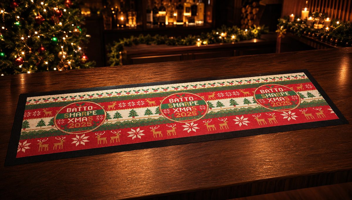 Custom Christmas bar runner with a knitted-jumper design for a family party