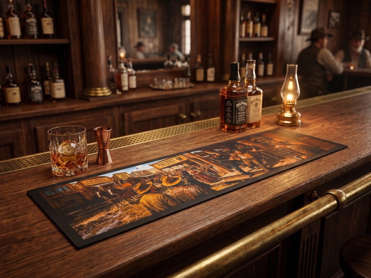 Custom bar mat with a sublimated old-west goldfield town street brawl outside the saloon