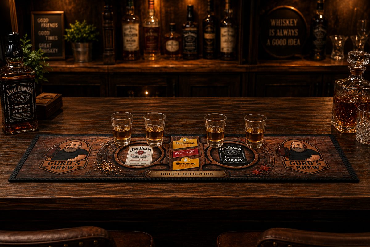 Custom bar mat with a sublimated &lsquo;Guru&rsquo;s Brew&rsquo; whiskey design on a dark home bar