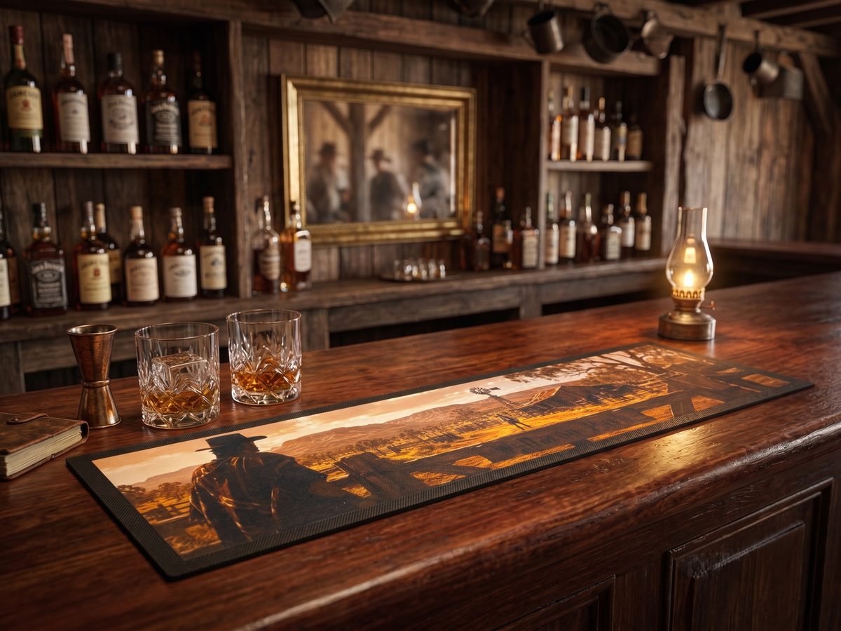 Custom bar mat with a sublimated lone cowboy silhouette overlooking a homestead at sunset