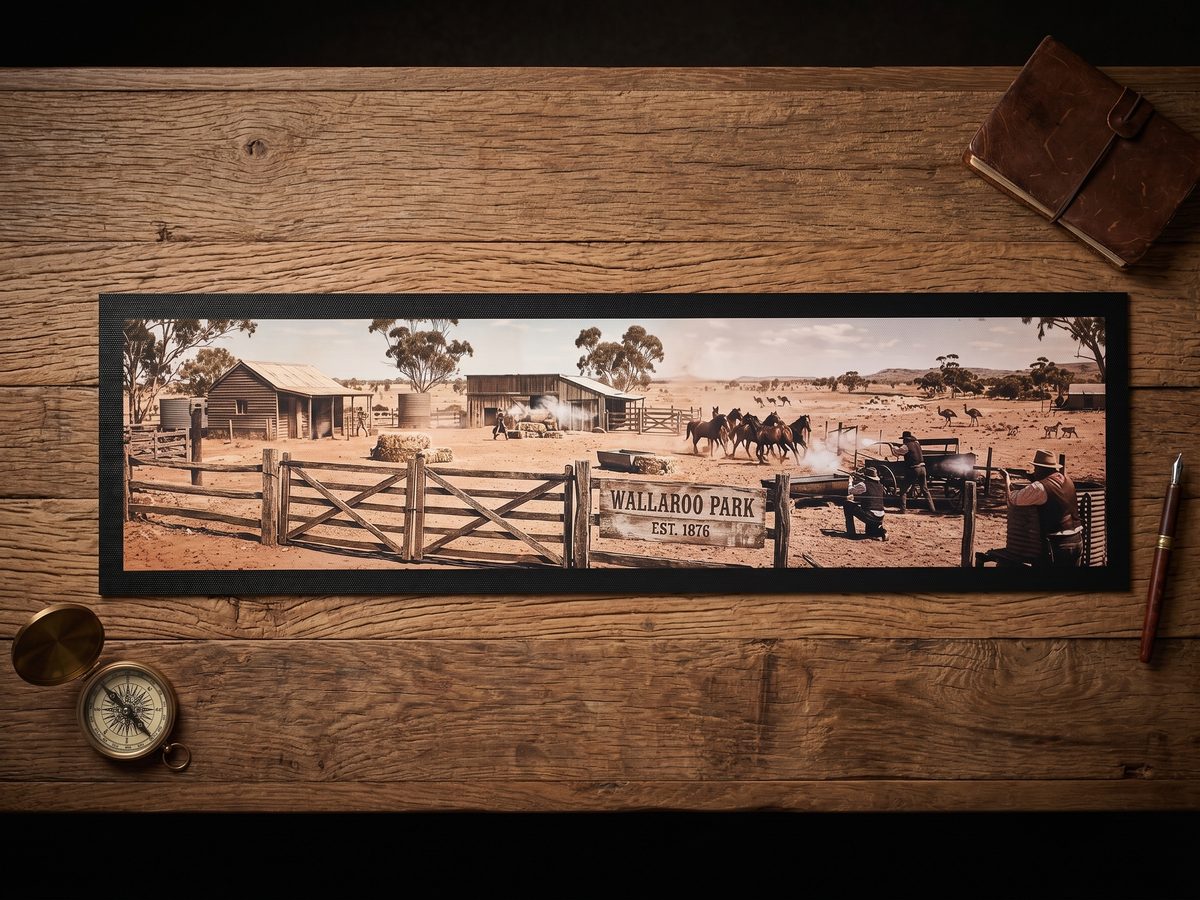 Custom bar mat with a sublimated photo-real scene of the Wallaroo Park cattle station and mustering horses
