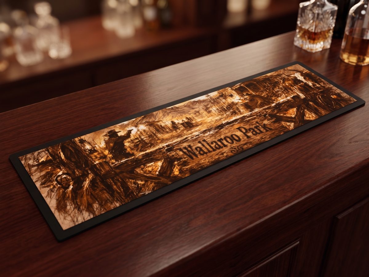 Custom bar mat with a sublimated sepia illustration of a cowboy shootout at Wallaroo Park, on a whiskey bar