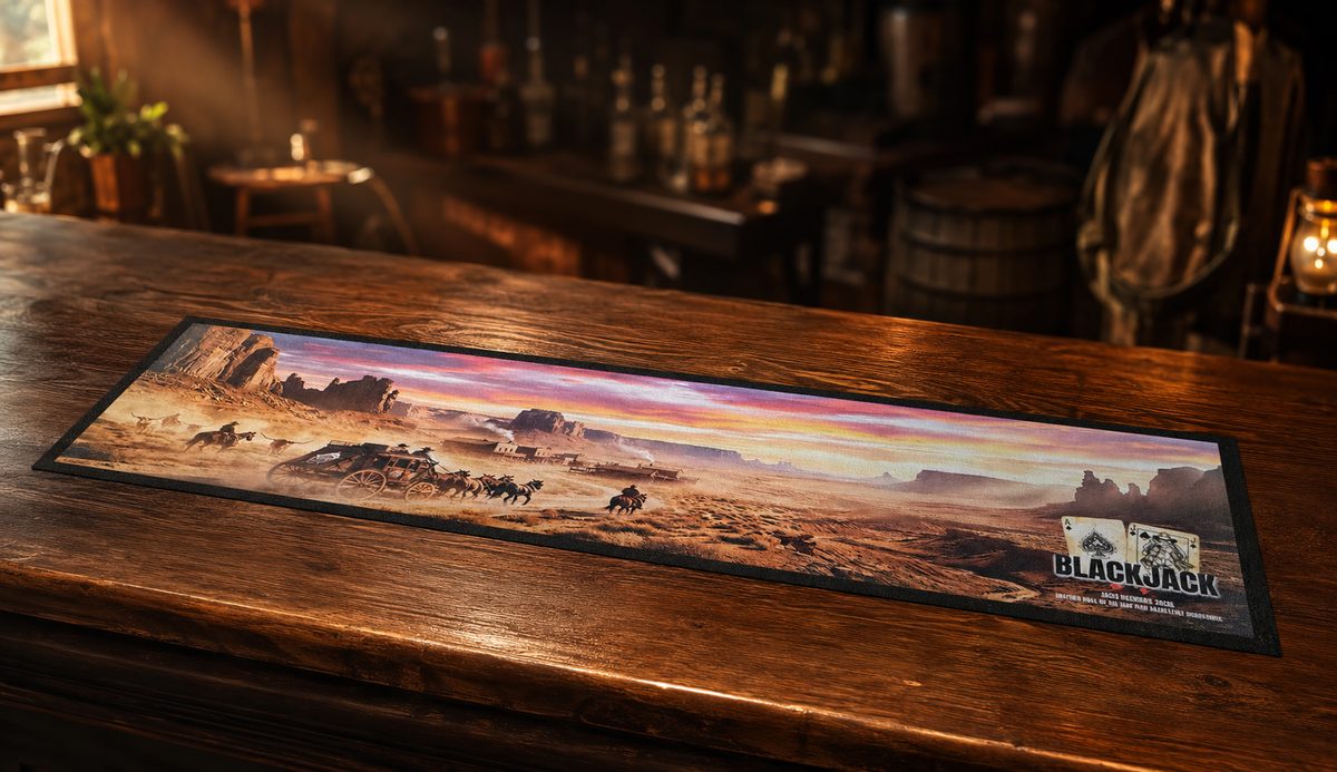 Custom bar mat with a sublimated outback scene of horses and a stagecoach at dusk