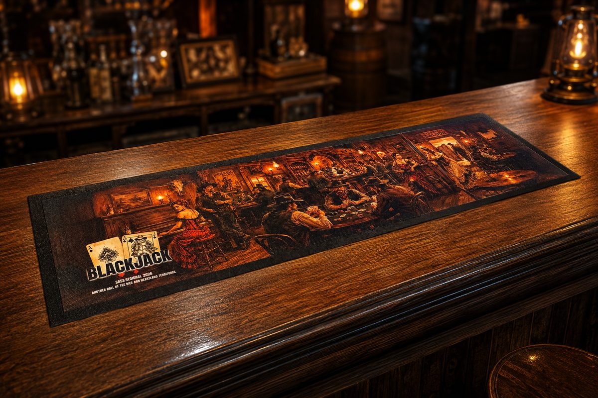 Custom bar mat with a sublimated western saloon card-game scene in warm lamplight