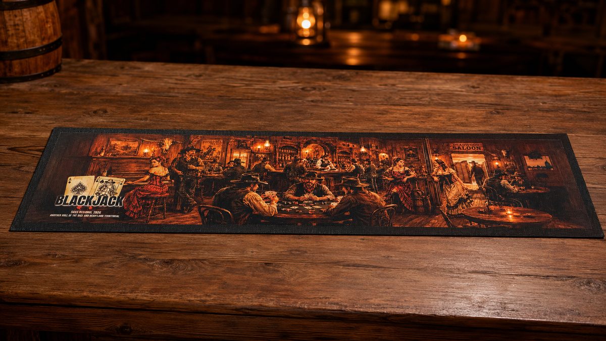 Custom bar mat with a sublimated old-western saloon poker scene printed full-wrap on the runner