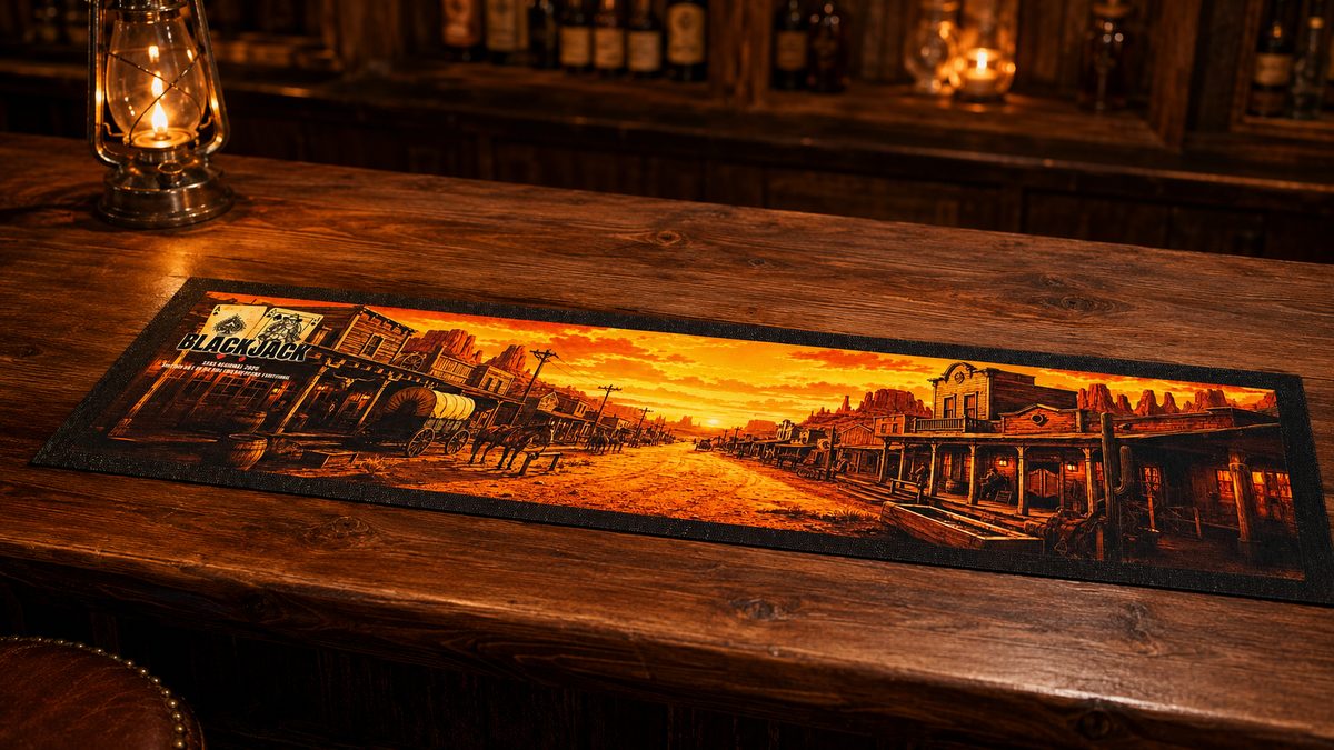 Custom bar mat with a sublimated old-west town street in deep sunset orange
