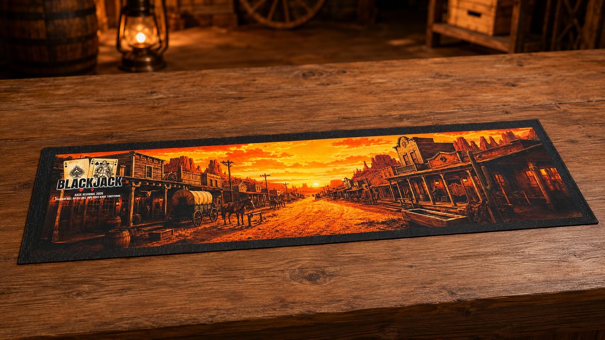 Custom bar mat with a sublimated western town main street at golden sunset