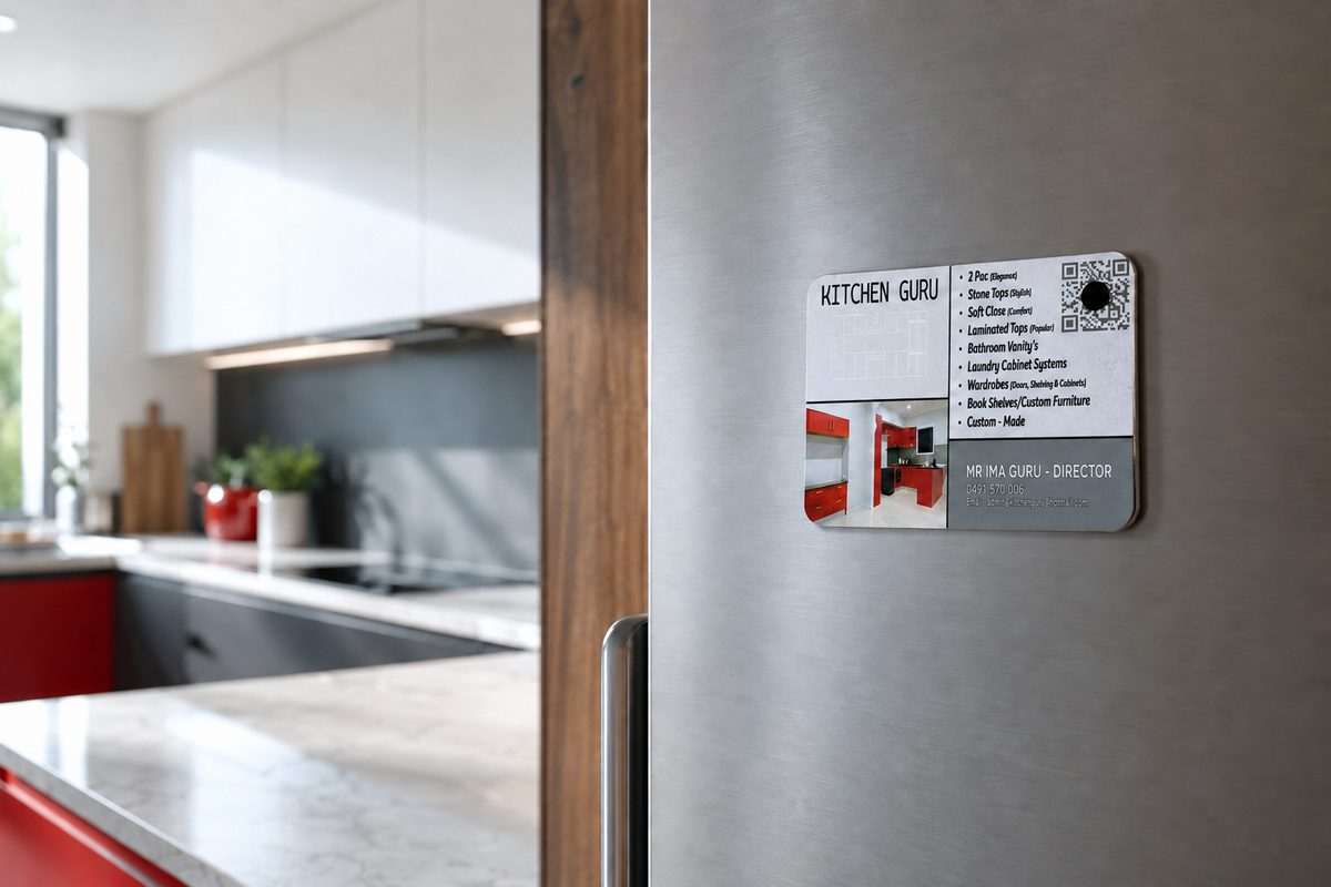 Custom business promo fridge magnet with company services and contact details