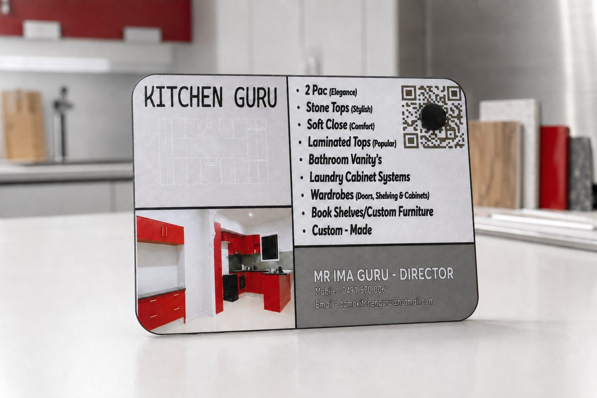 Custom business promo fridge magnet with a services list and QR code for a kitchen company