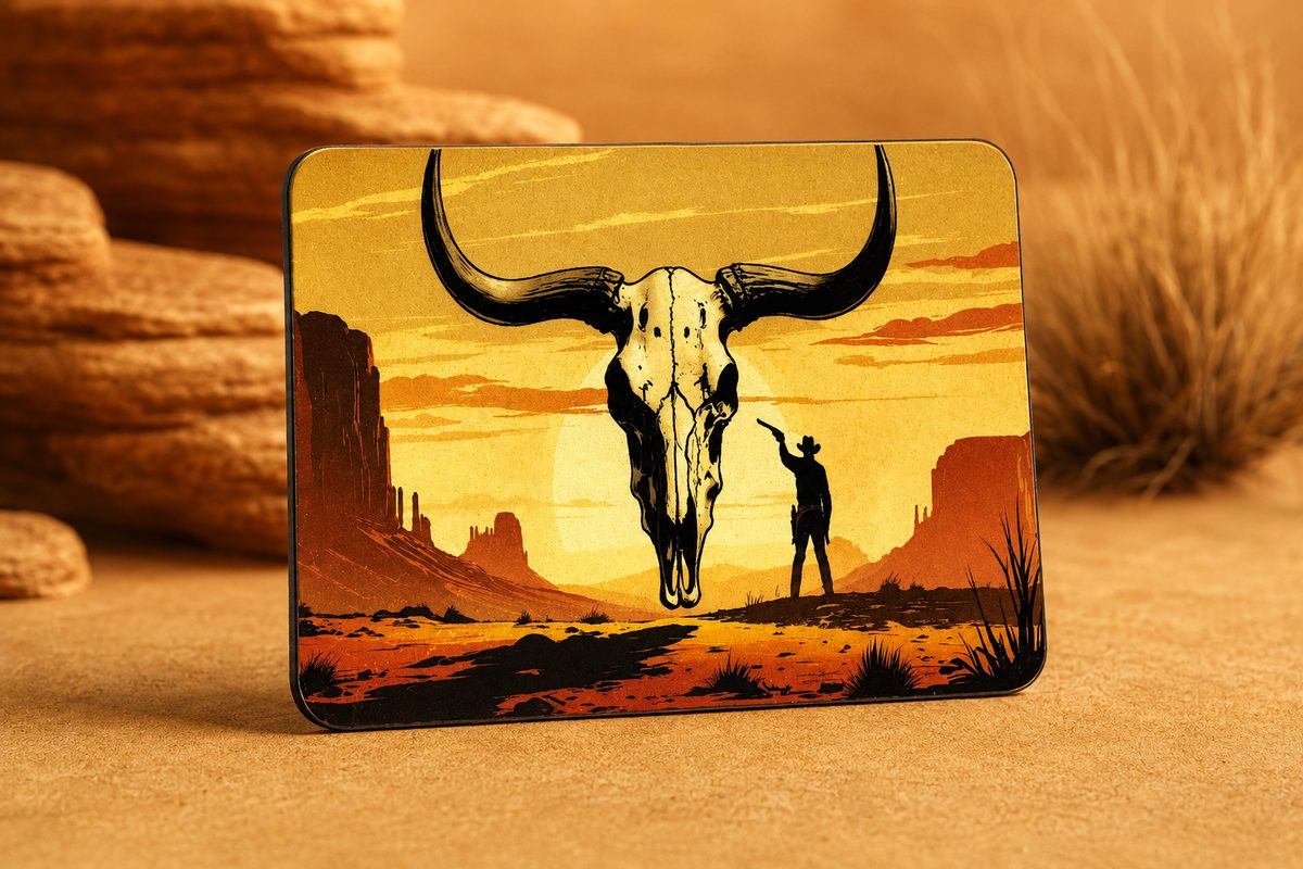 Custom fridge magnet with a western desert sunset and bull skull design