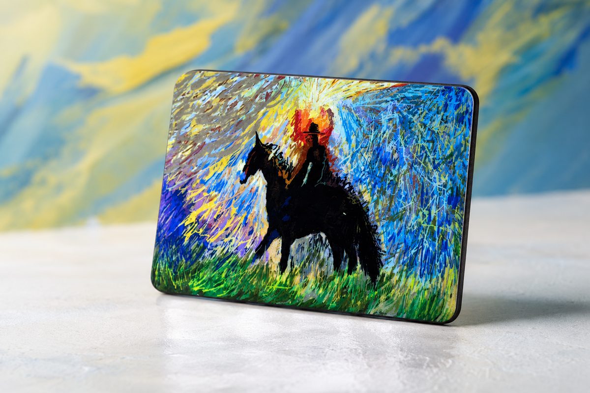 Custom fridge magnet with a painterly art print of a horse and rider