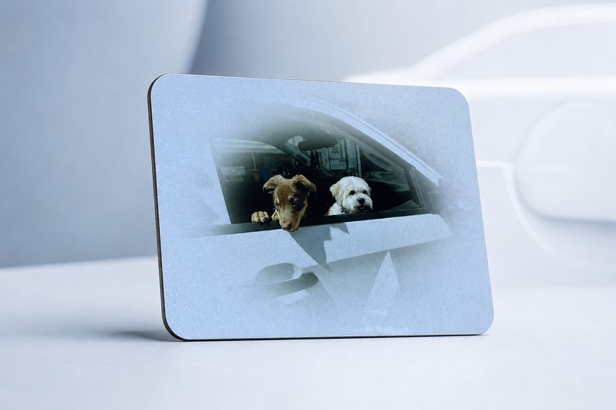 Personalised photo fridge magnet of two dogs looking out a car window
