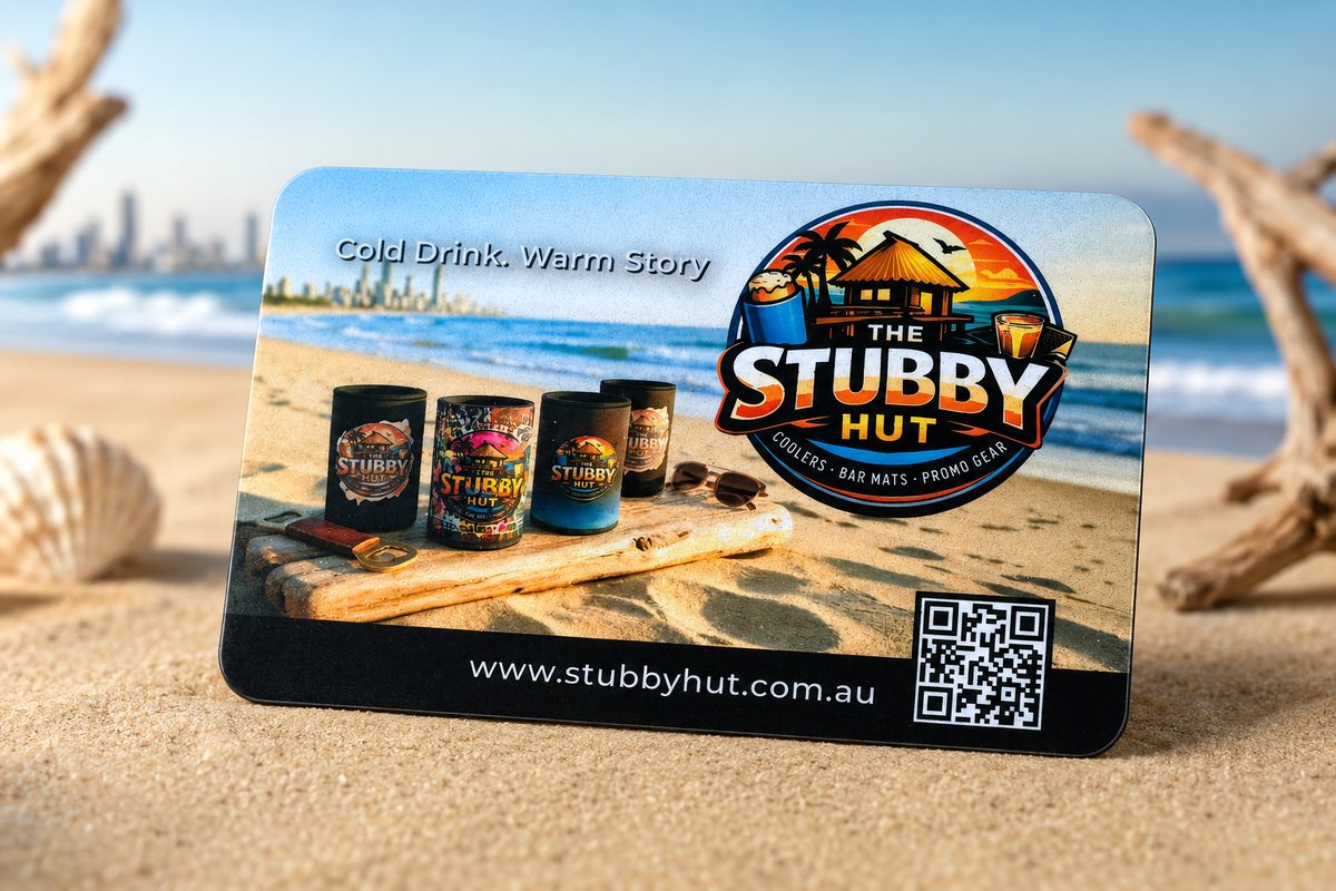 The Stubby Hut promo fridge magnet with the brand logo, slogan and QR code on a beach scene