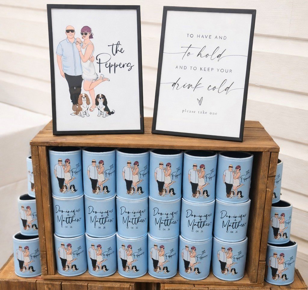 Custom wedding stubby coolers with couple portrait illustration — personalised wedding stubby holders Gold Coast
