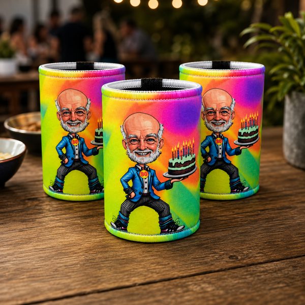 Fluorescent ink caricature stubby coolers for an 80th birthday