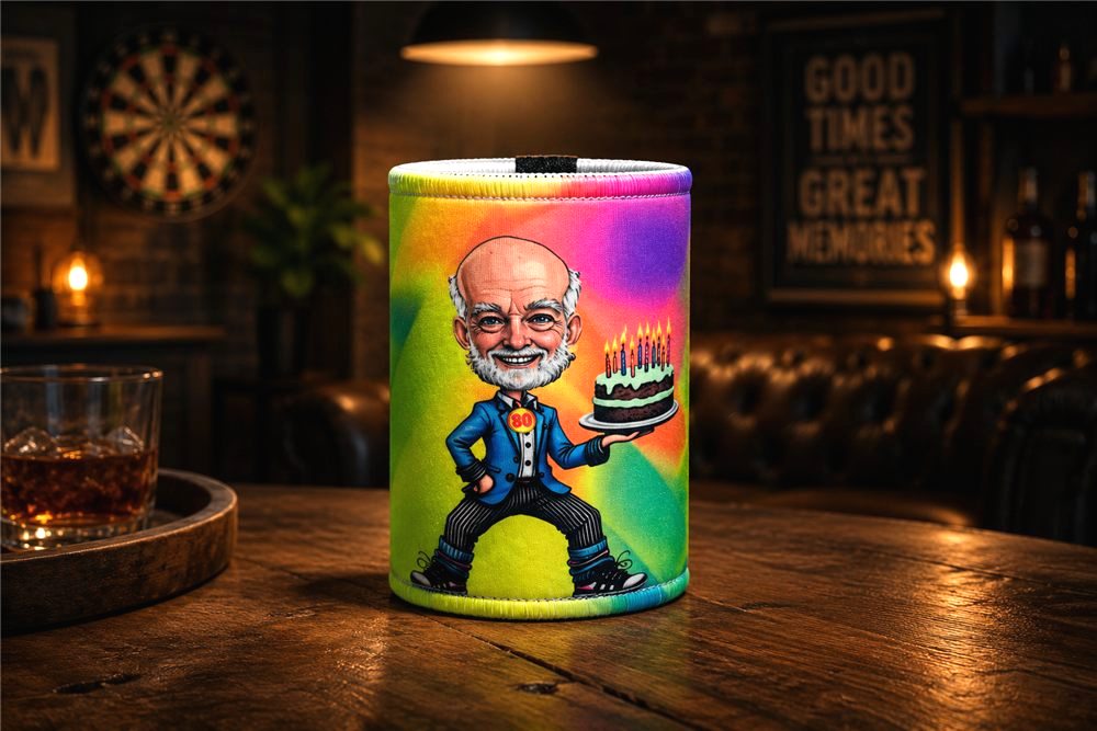Fluorescent ink stubby coolers for an 80th birthday party