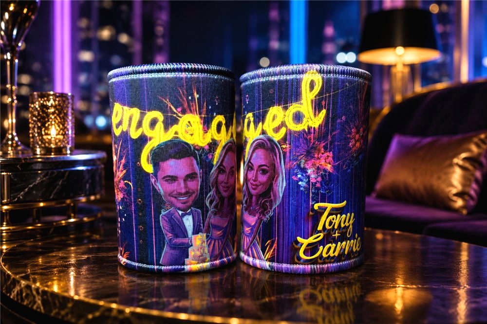 Fluorescent ink stubby coolers in neon colours for a special event
