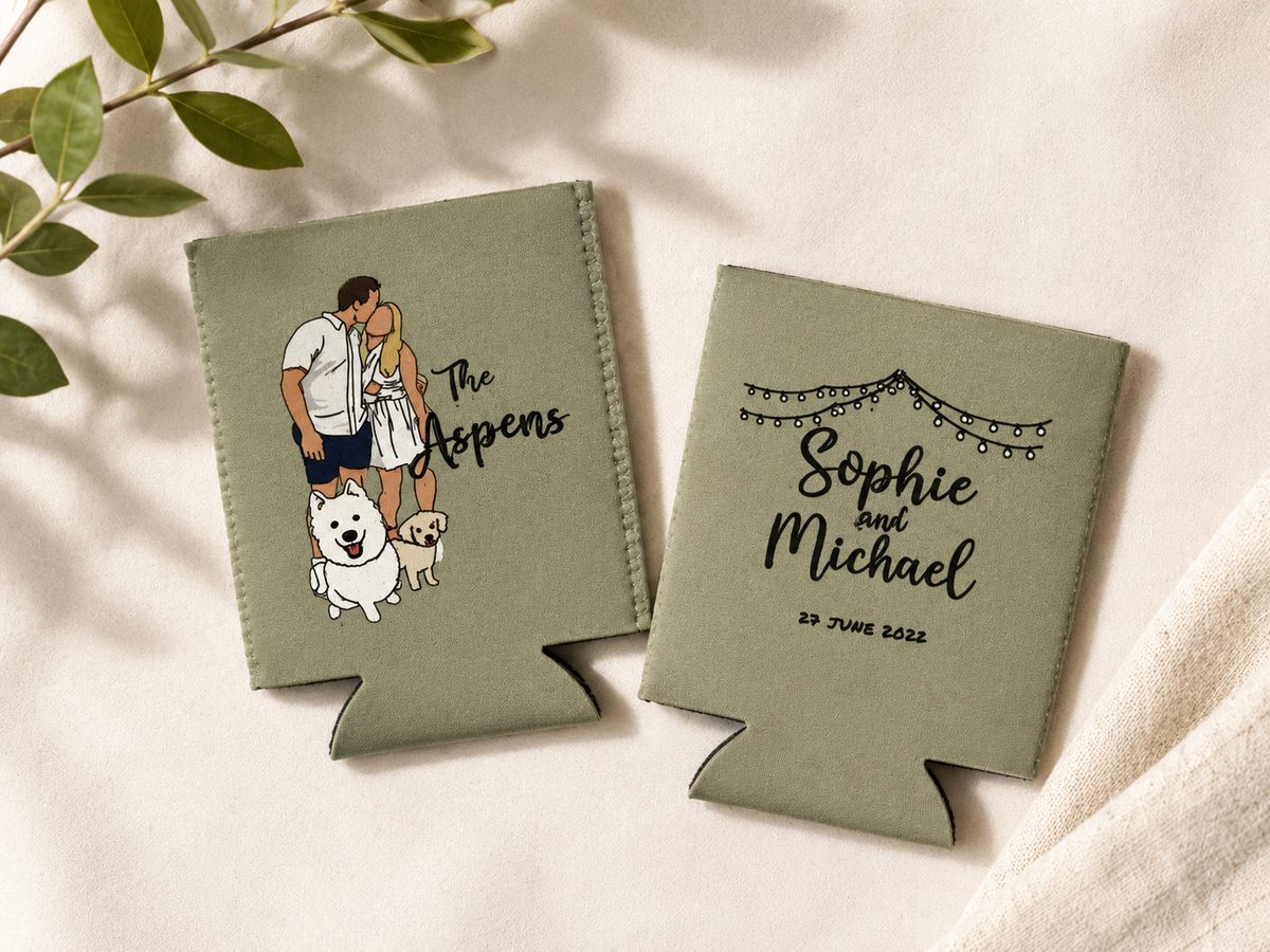 Sage foldable stubby holders printed with a couple and dog illustration on one side and wedding names and date on the other