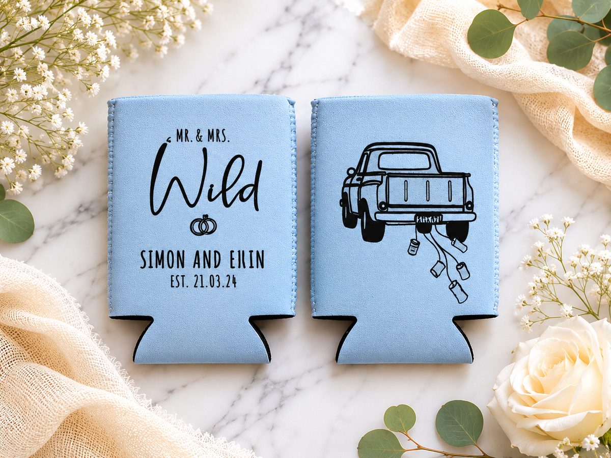 Powder blue foldable stubby holders for a wedding with names on one side and a ute trailing tin cans on the other