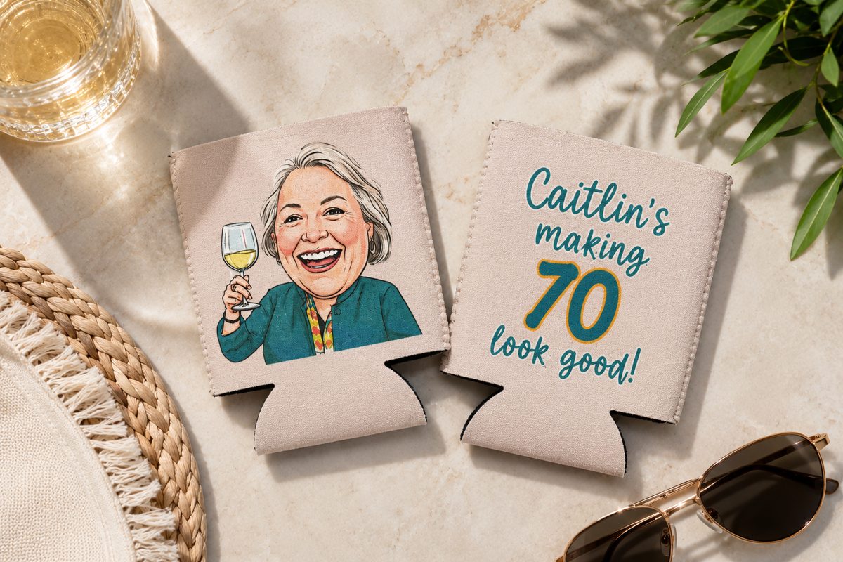 Foldable stubby holder with a caricature on one side and a 70th birthday message on the other