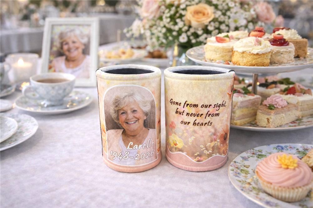 Memorial stubby holders with peach flowers