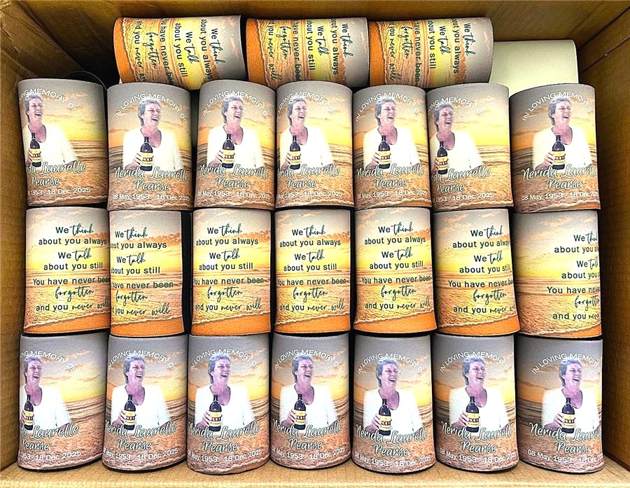 Memorial stubby holders tribute to a loved one