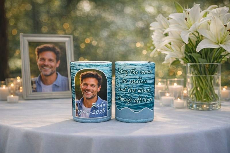 Personalised memorial and tribute stubby holder — funeral favour and celebration of life keepsake stubby cooler